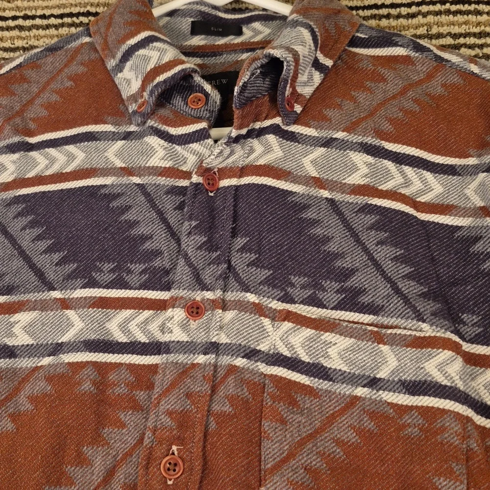 J CREW Grey‎ Brown Aztec Weave Cotton Flannel Small Slim Fit Long Sleeve Shirt